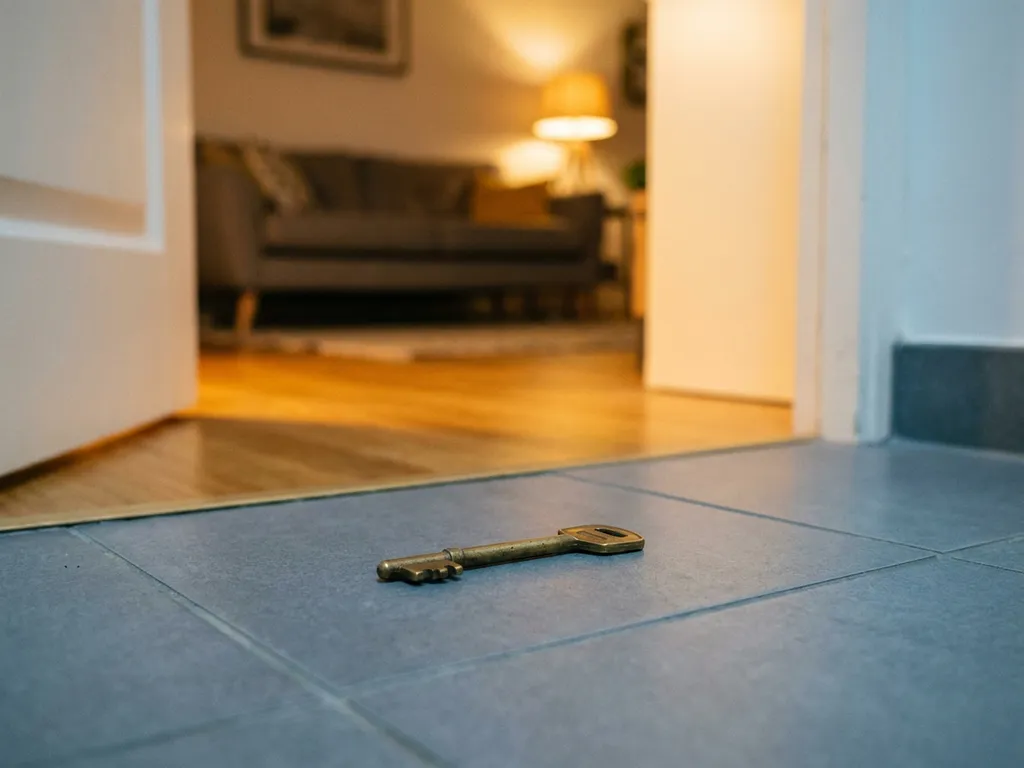 Enkele deursleutel op de drempel van een appartement, met een warm verlichte woonkamer zichtbaar door de open deur.