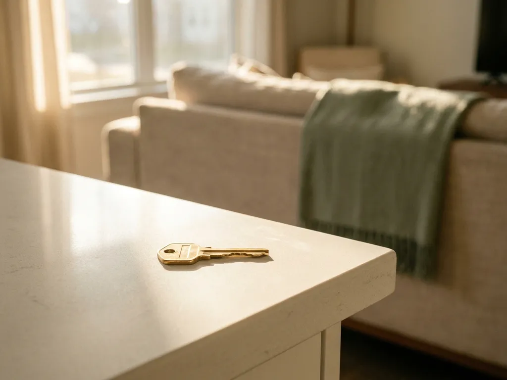 Glanzende deursleutel op wit keukenblad in gemeubileerd appartement, warm middaglicht en woonkamer op de achtergrond.