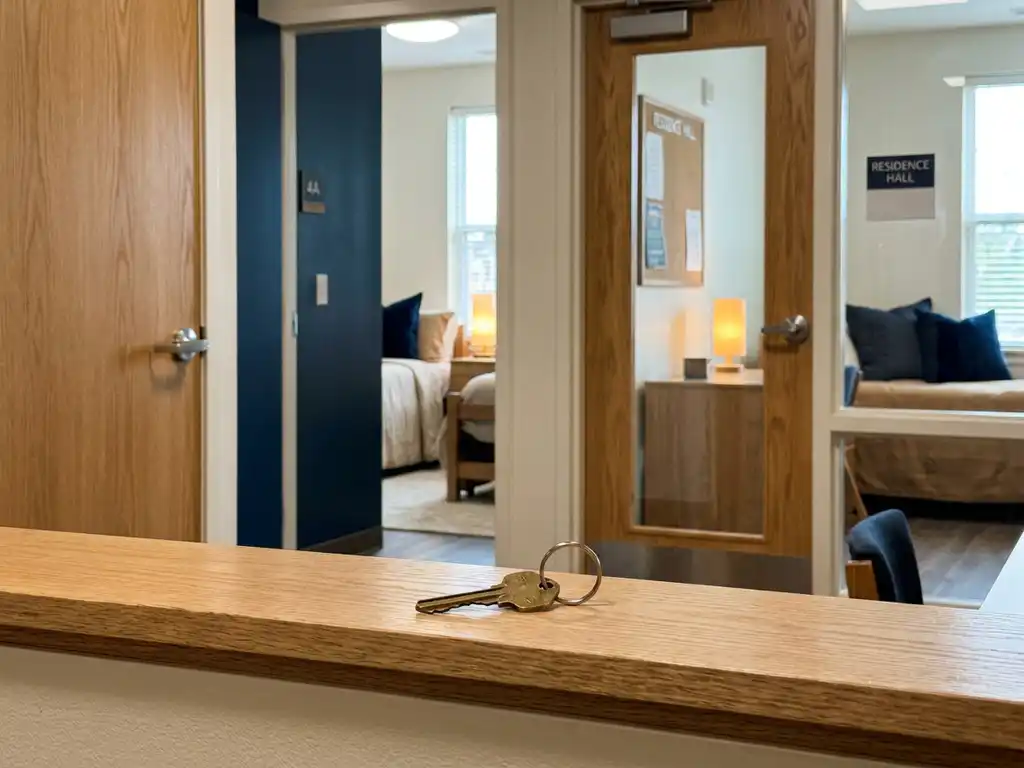 Sleutel op de drempel van een appartement met twee voordeurem naast elkaar, symbolisch voor privéwonen versus groepswonen.