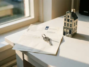 Zilveren huissleutel op gevouwen Nederlandse belastingaangifte naast een miniatuur rijtjeshuis op een wit bureau.