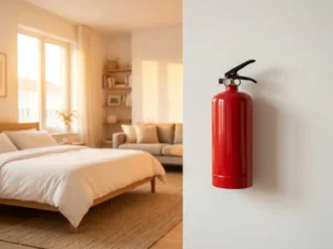 Rode brandblusser op witte muur in modern ingerichte huurappartement, met opgemaakt bed en warme natuurlijke belichting op de achtergrond.