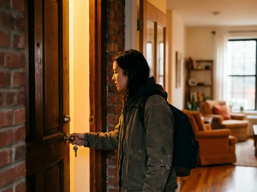 Buitenlandse werknemer opent deur van gemeubileerd Nederlands appartement, huissleutel in hand, gezellige woonkamer zichtbaar op achtergrond.