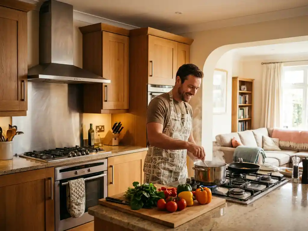 Buitenlandse werknemer bereidt een warme maaltijd in een moderne keuken met verse groenten en opstijgend stoom.