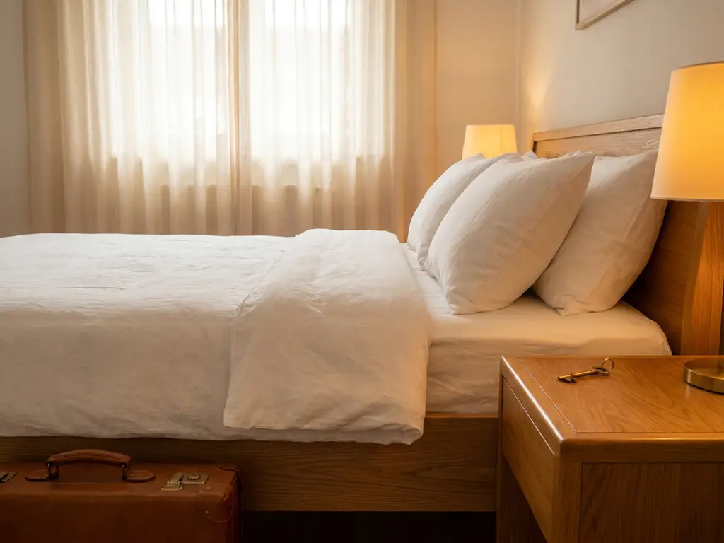 Nette gemeubileerde slaapkamer met wit beddengoed, kleine koffer naast het bed en een sleutel op het houten nachtkastje.
