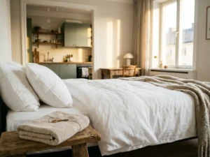 Opgemaakte bed met wit linnengoed in modern gemeubileerd appartement, huissleutel op gevouwen handdoek, gezellige keuken op achtergrond.