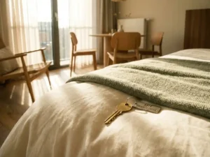 Huissleutel met SNF-keurmerk op opgemaakt bed in gemeubileerde Nederlandse huurwoning met modern interieur.