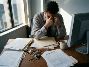 HR-manager met gestresste uitdrukking tussen verspreide huurcontracten, woningdossiers en verwarde sleutels op rommelig bureau.