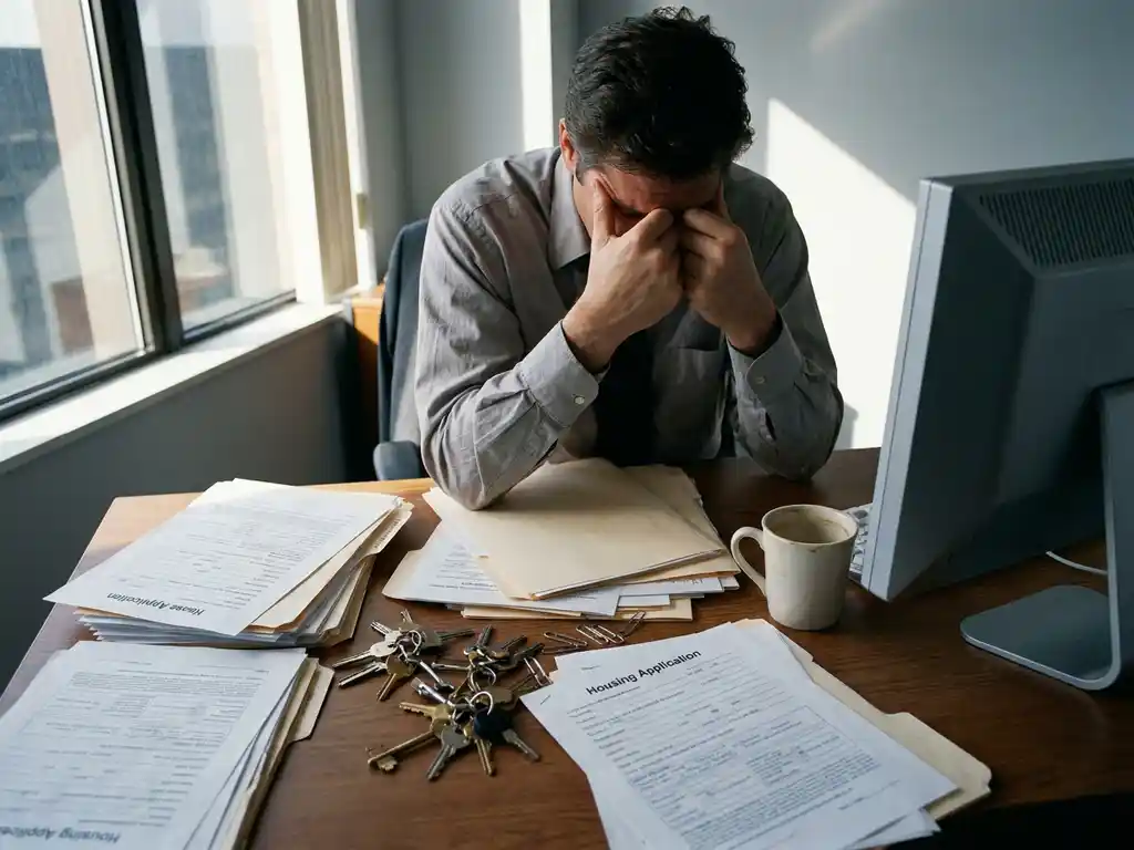 HR-manager met gestresste uitdrukking tussen verspreide huurcontracten, woningdossiers en verwarde sleutels op rommelig bureau.