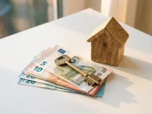 Huissleutel op stapel eurobiljetten naast houten miniatuurwoning, symbool voor hypotheek of woningaankoop.