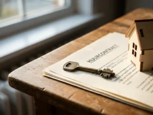 Messing huissleutel op Nederlands huurcontract met miniatuur woning op houten bureau, warm natuurlijk licht.