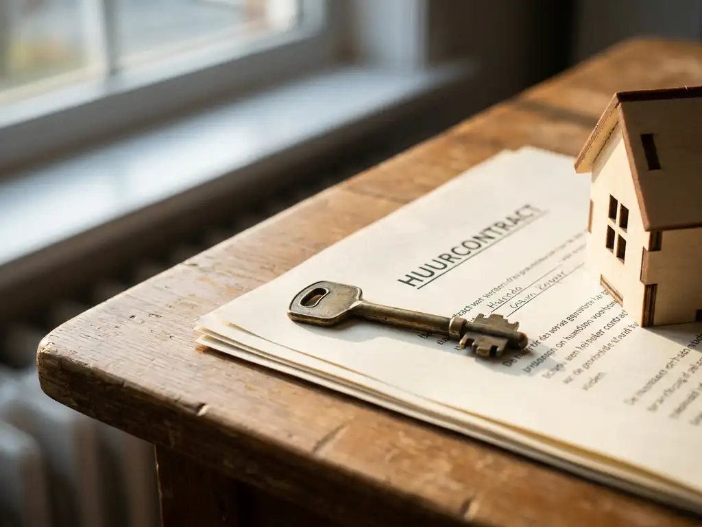 Messing huissleutel op Nederlands huurcontract met miniatuur woning op houten bureau, warm natuurlijk licht.