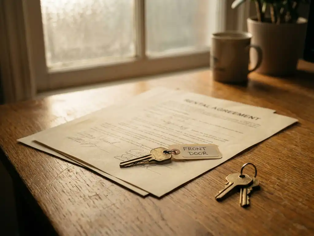 Huissleutel met label op ondertekend huurcontract op houten bureau, duplicaatsleutels ernaast, warm gouden licht.