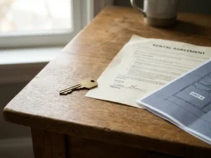 Deursleutel op ondertekend huurcontract met plattegrond op houten bureau, zacht natuurlijk licht.