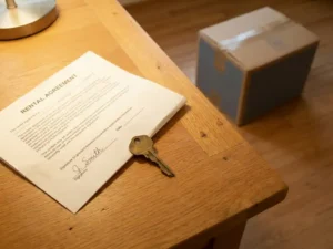 Huissleutel op houten tafel naast ondertekend huurcontract, met een verhuisdoos op de achtergrond.
