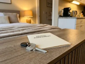 Moderne huissleutel naast gevouwen huurovereenkomst op tafel, met warme woonkamerinrichting op de achtergrond.