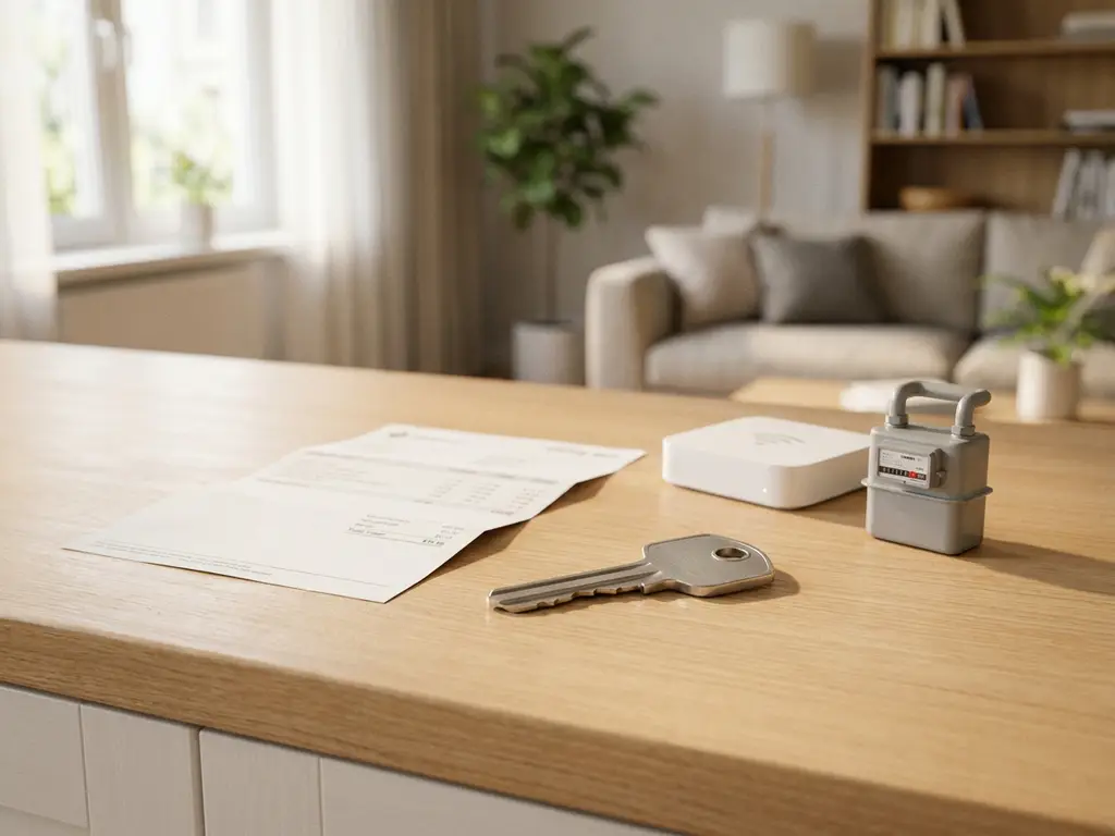 Moderne huissleutel op keukenblad naast gevouwen energierekening, wifi-router en gasmetermodel in licht gemeubileerd appartement.