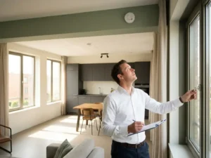 Arbeidsinspecteur in wit overhemd controleert rookmelder en raamsloten in modern ingericht appartement met noordelijk daglicht.