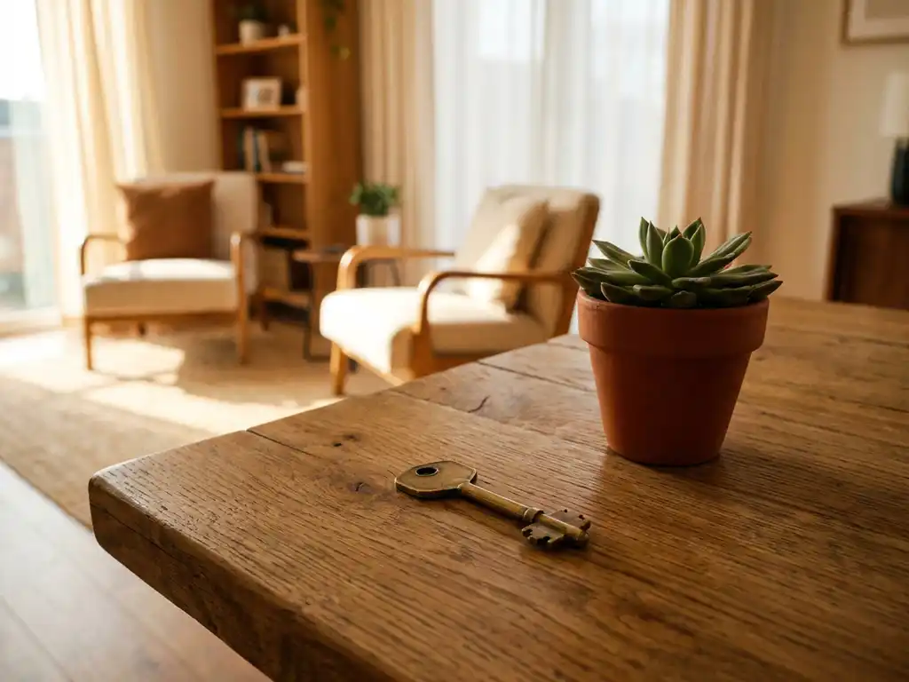 Messing huissleutel op houten tafel naast klein potplantje, met wazig ingericht appartement op de achtergrond.