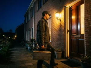 Monteur met gereedschapskist bij verlichte voordeur van Nederlandse woning in de nacht, warme portiekverlichting op bakstenen gevel.