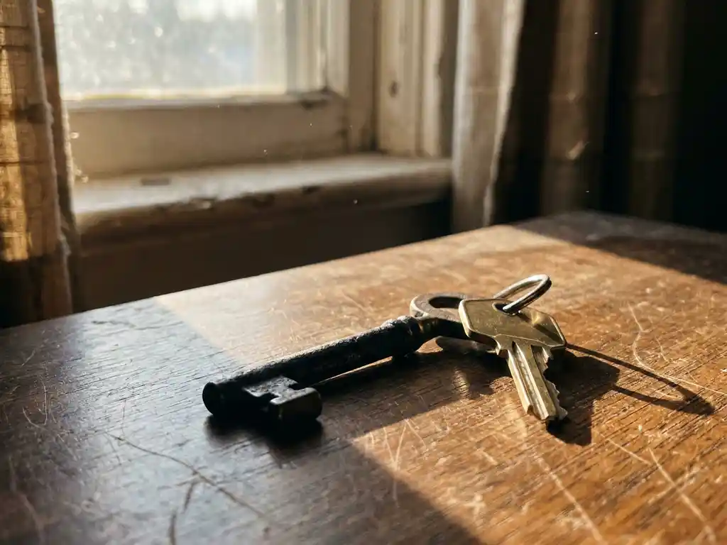 Verroeste ijzeren skeletsleutel naast een moderne messing deursleutel op verweerd hout, zacht natuurlijk licht met lange schaduwen.