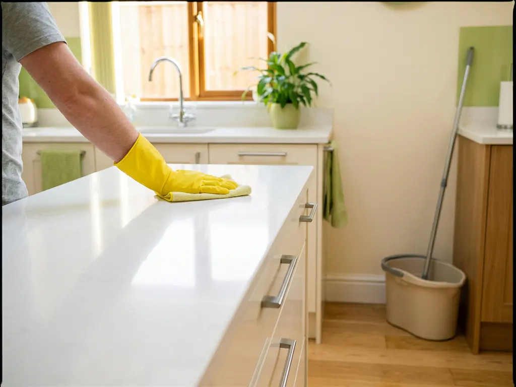 Schoonmaker met gele rubberen handschoen reinigt aanrecht in modern gemeubileerd huurappartement, emmer en mop op achtergrond.