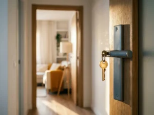 Glanzende huissleutel op een deurgreep met zicht op een lichte, gemeubileerde woonkamer op de achtergrond.
