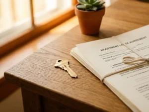 Gepolijste huissleutel op houten tafel naast appartementsdocumenten, met zachte achtergrondverlichting en een wazig potplantje op de achtergrond.