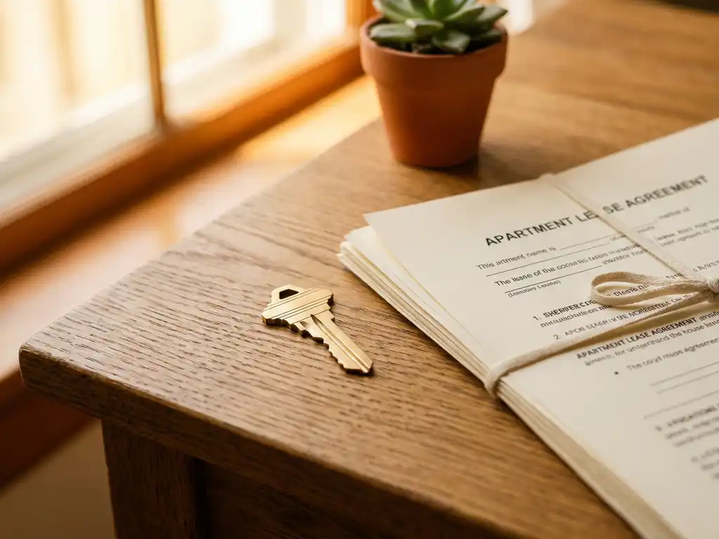 Gepolijste huissleutel op houten tafel naast appartementsdocumenten, met zachte achtergrondverlichting en een wazig potplantje op de achtergrond.