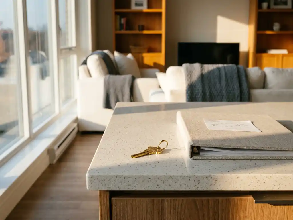 Glanzende huissleutel op een houten keukenblad in een gemeubileerd appartement, met warm middaglicht en een welkomstdocument op de achtergrond.