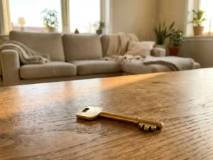 Glanzende huissleutel op houten tafel in licht modern appartement met warme middagzon door groot raam.