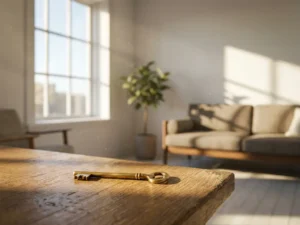 Messing deursleutel op houten tafel in licht gemeubileerd Nederlands appartement met warme middagzon.