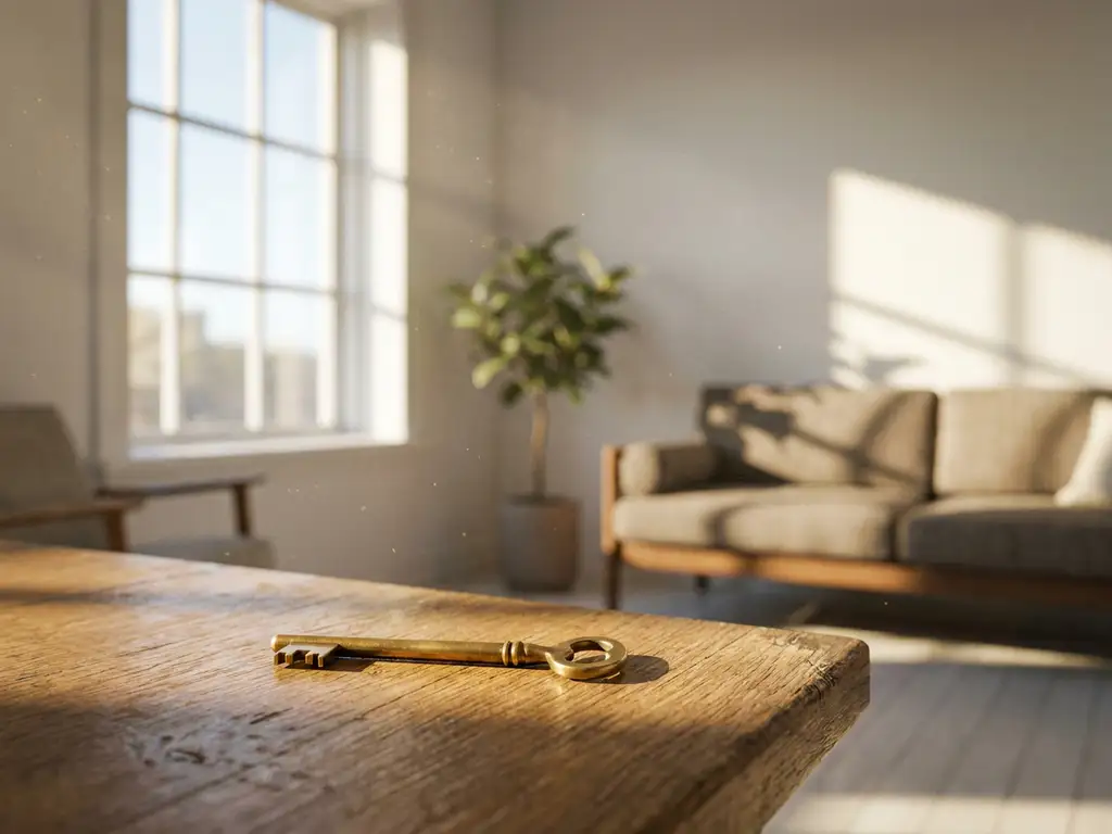 Messing deursleutel op houten tafel in licht gemeubileerd Nederlands appartement met warme middagzon.