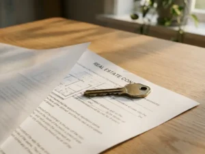 Messing huissleutel op een wit huurcontract met plattegrond op een eiken bureau, warm middaglicht.
