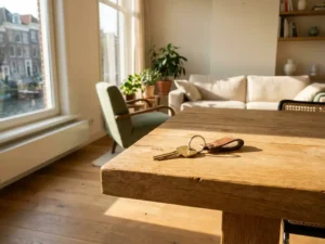 Glanzende huissleutel op een houten tafel in een lichte Nederlandse woning met eiken vloer en warme middagzon.