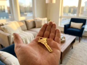 Glanzende huissleutel in een open handpalm met een modern ingerichte woonkamer op de achtergrond.