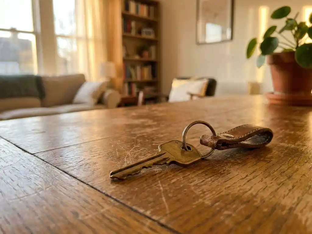 Enkele deursleutel op verouderd houten tafelblad met sleutelhanger, onscherp gemeubileerd appartement op de achtergrond in warm middaglicht.