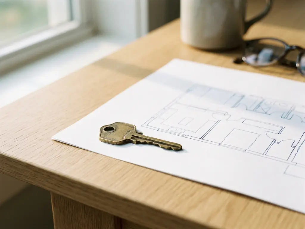 Gouden huissleutel op een wit huurcontract met plattegrond op een eiken bureau, warm natuurlijk licht.
