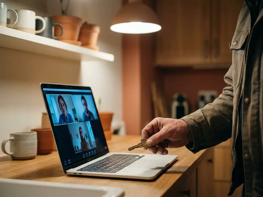 Hand met huissleutel naast een laptop met videogesprek op een keukenbar in een gemeubileerd appartement.
