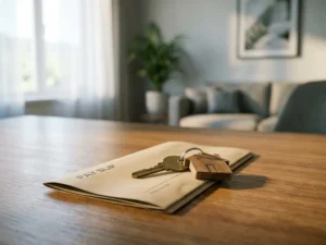 Deursleutel met huisvormige sleutelhanger liggend op een opgevouwen loonstrook op een houten bureau.
