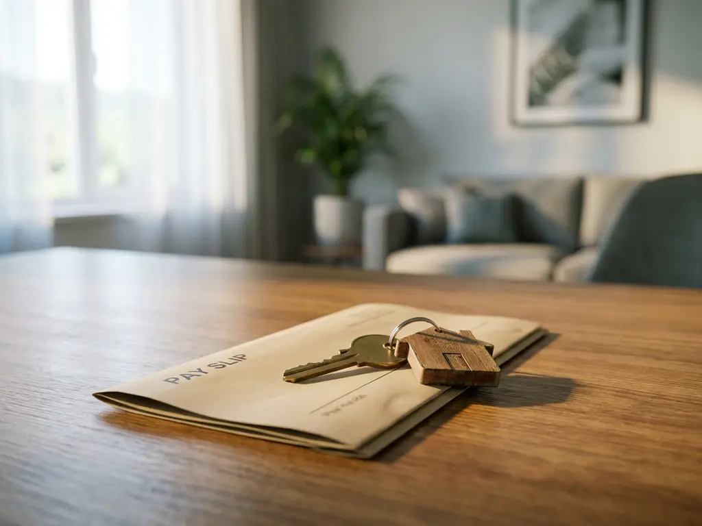 Deursleutel met huisvormige sleutelhanger liggend op een opgevouwen loonstrook op een houten bureau.