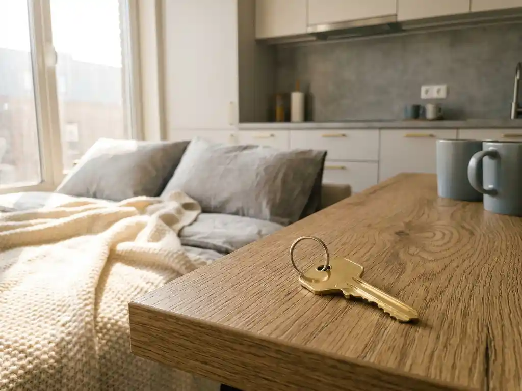 Glanzende huissleutel op houten oppervlak in licht modern appartement met opgemaakt bed en keuken op de achtergrond.