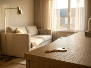 Glanzende deursleutel op houten oppervlak in modern ingerichte woning, woonkamer zichtbaar op de achtergrond in warm natuurlijk licht.