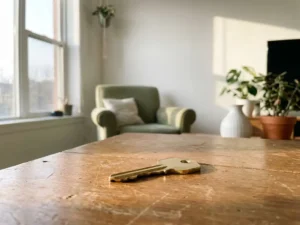 Glanzende deursleutel op houten tafel in een licht en modern ingericht appartement met warme middagzon.