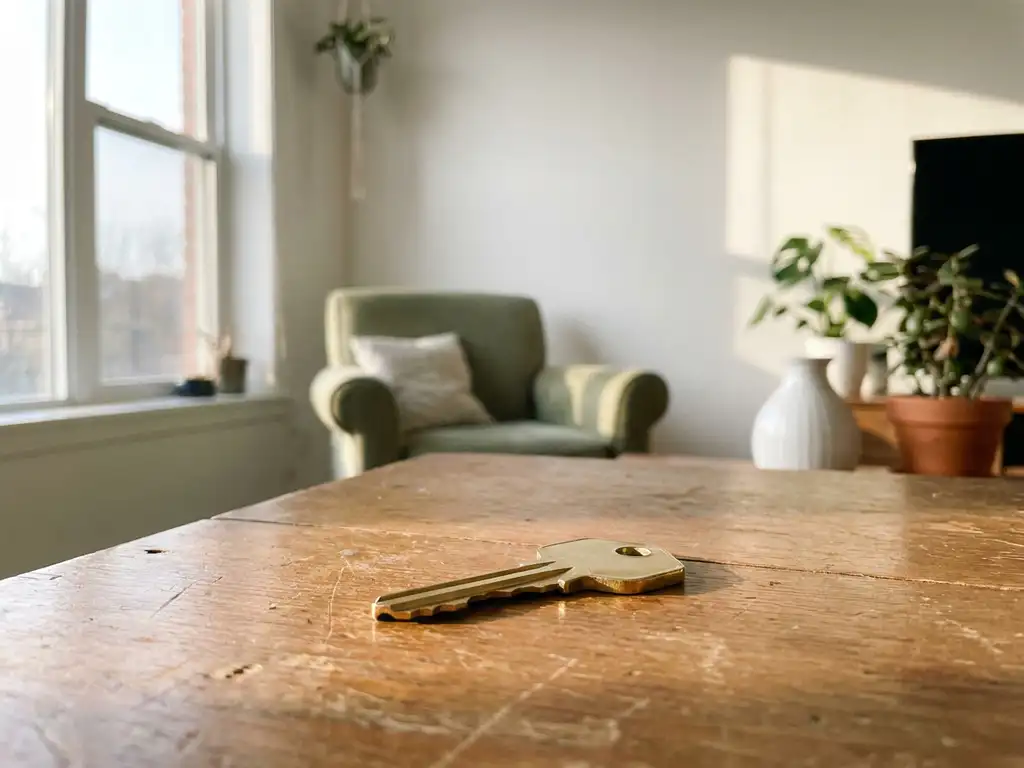 Glanzende deursleutel op houten tafel in een licht en modern ingericht appartement met warme middagzon.