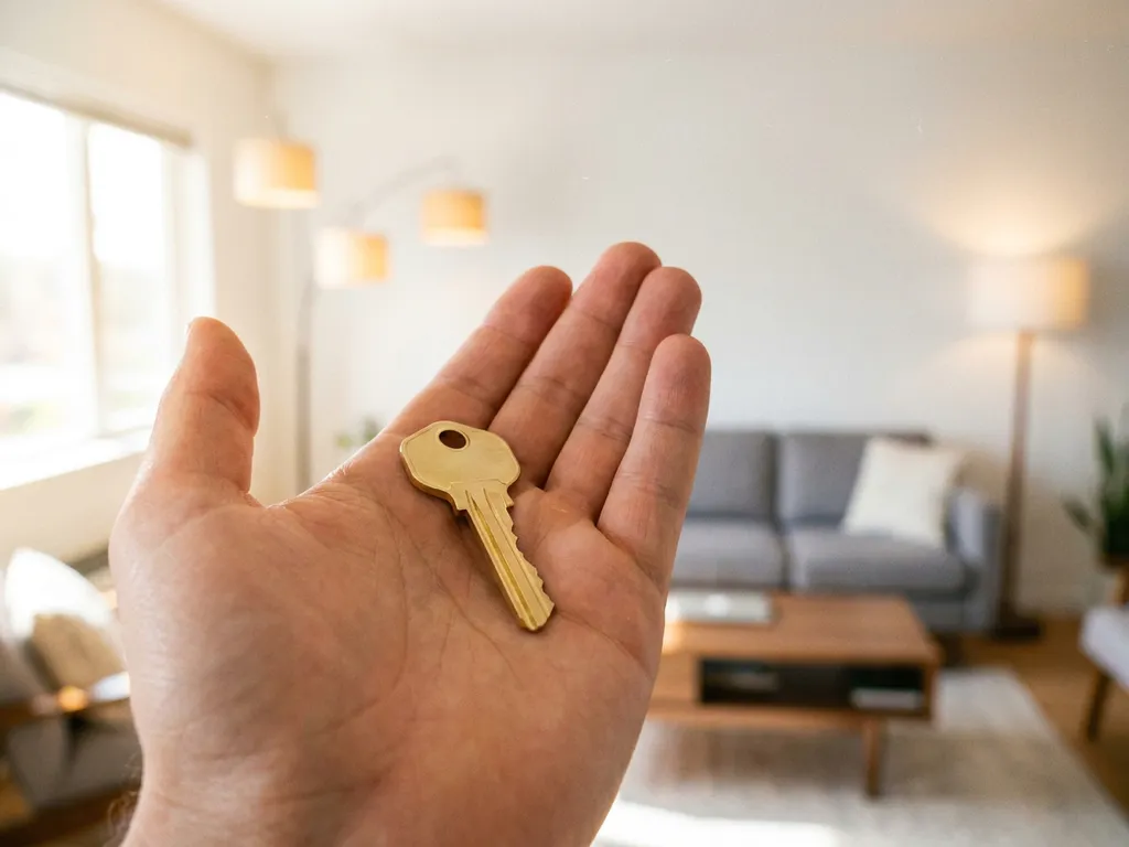Glanzende huissleutel in een open handpalm met moderne, lichte woonkamer op de achtergrond.