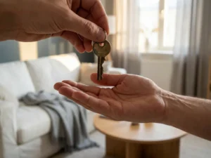 Messing huissleutel die in een open handpalm wordt gelegd, met een modern Scandinavisch ingerichte woonkamer op de achtergrond.