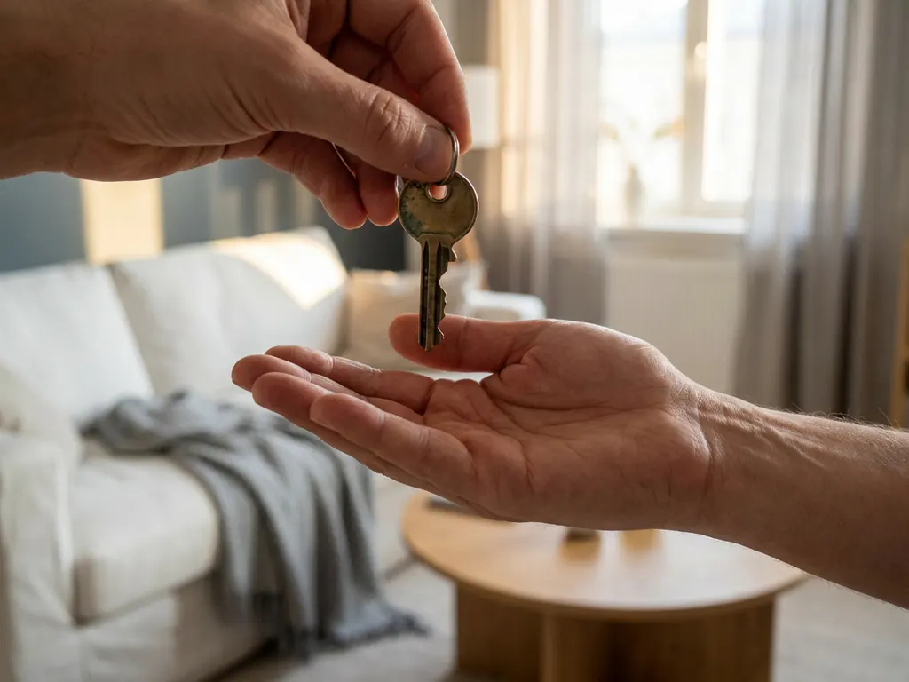 Messing huissleutel die in een open handpalm wordt gelegd, met een modern Scandinavisch ingerichte woonkamer op de achtergrond.