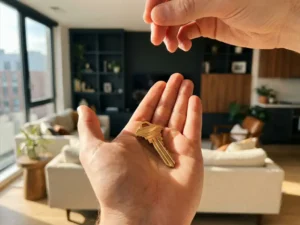 Glanzende huissleutel in een open handpalm tijdens overdracht, met een modern gemeubileerd appartement op de achtergrond in warm gouden licht.