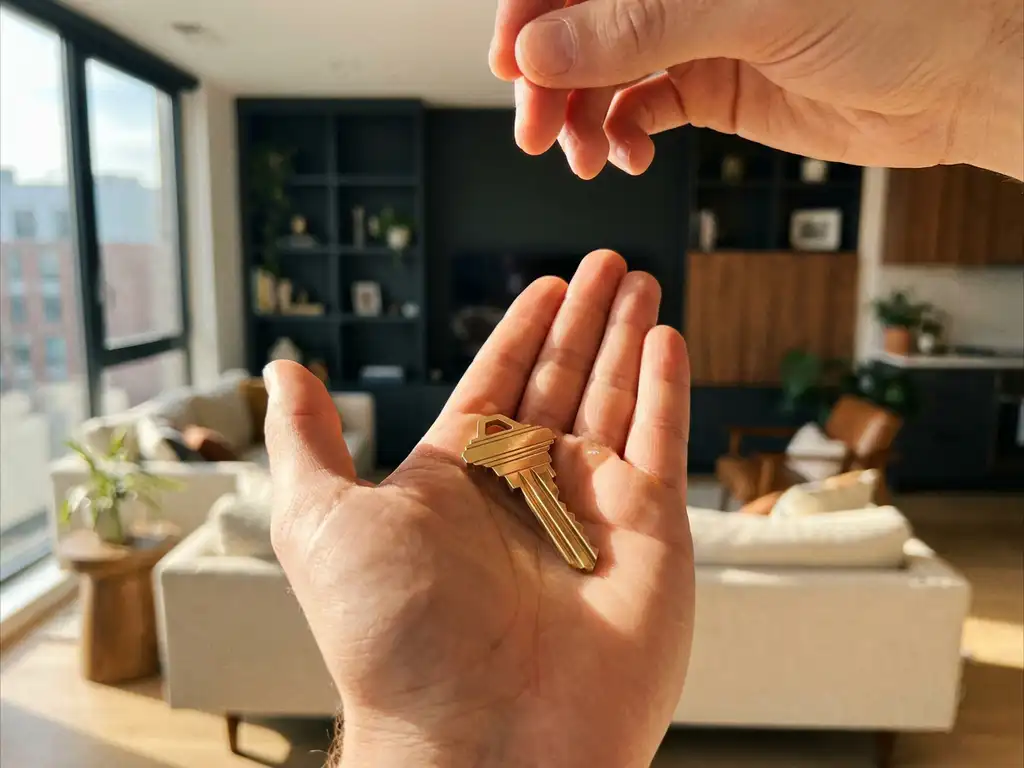 Glanzende huissleutel in een open handpalm tijdens overdracht, met een modern gemeubileerd appartement op de achtergrond in warm gouden licht.