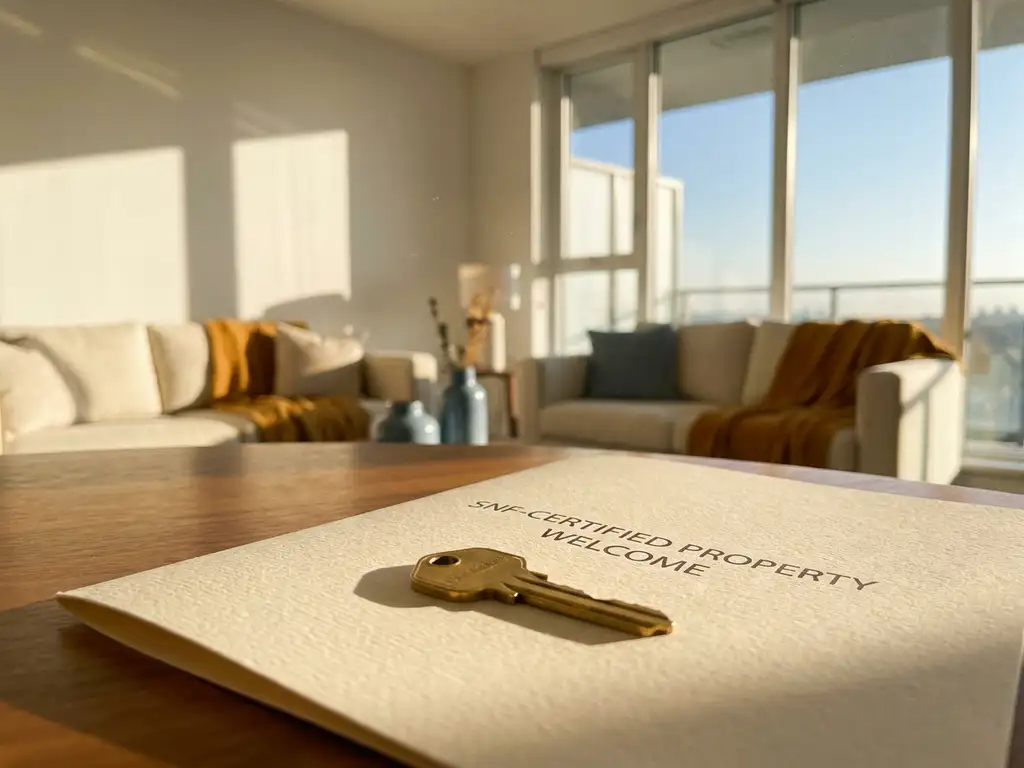 Glanzende huissleutel op een SNF-gecertificeerde welkomstmap in een licht en modern gemeubileerd appartement.